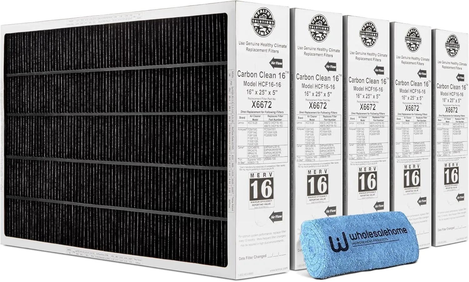 Lennox X6672 16x25x5 Furnace Filter, Lennox Healthy Climate Carbon Clean Merv 16 Home HVAC Air filter, 5 Pack with Cleaning Cloth