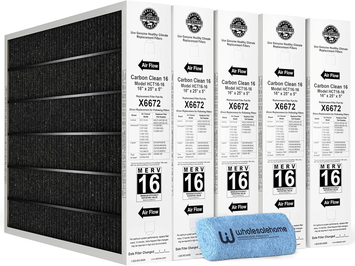 Lennox X6672 16x25x5 Furnace Filter, Lennox Healthy Climate Carbon Clean Merv 16 Home HVAC Air Filter 5 Pack with Wholesalehome Cleaning Cloth