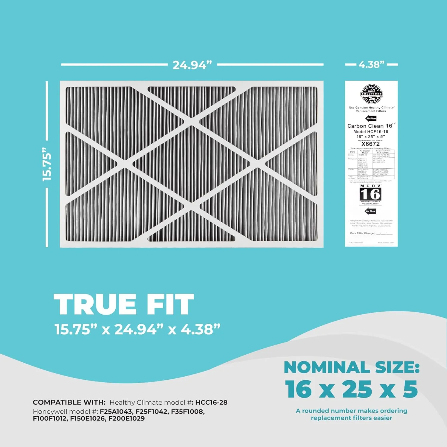 Lennox X6672 16x25x5 Furnace Filter, Lennox Healthy Climate Carbon Clean Merv 16 Home HVAC Air filter with Cleaning Cloth
