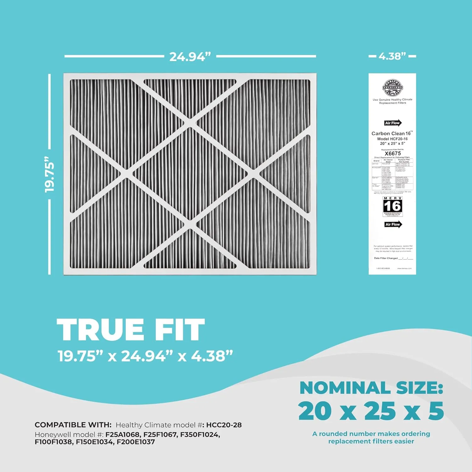 Lennox X6675 20x25x5 Air Filter, Lennox Healthy Climate Carbon Clean Merv 16 Home Furnace Filter for HVAC system 2 Pack with Cleaning Cloth