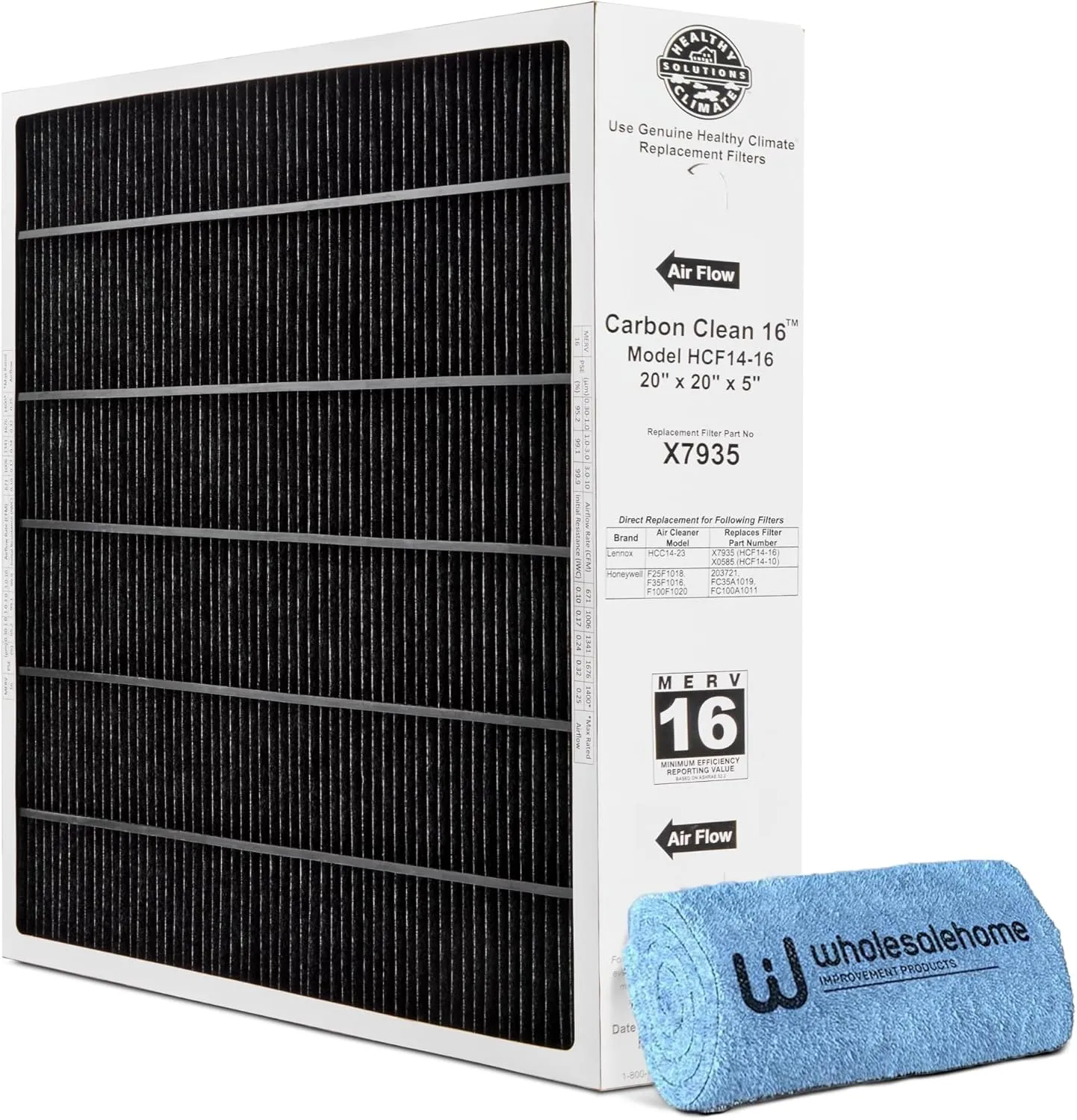 Lennox X7935 20x20x5 Furnace Filter, Healthy Climate Carbon Clean Merv 16 Home HVAC Air Filter, with Wholesalehome Cleaning Cloth