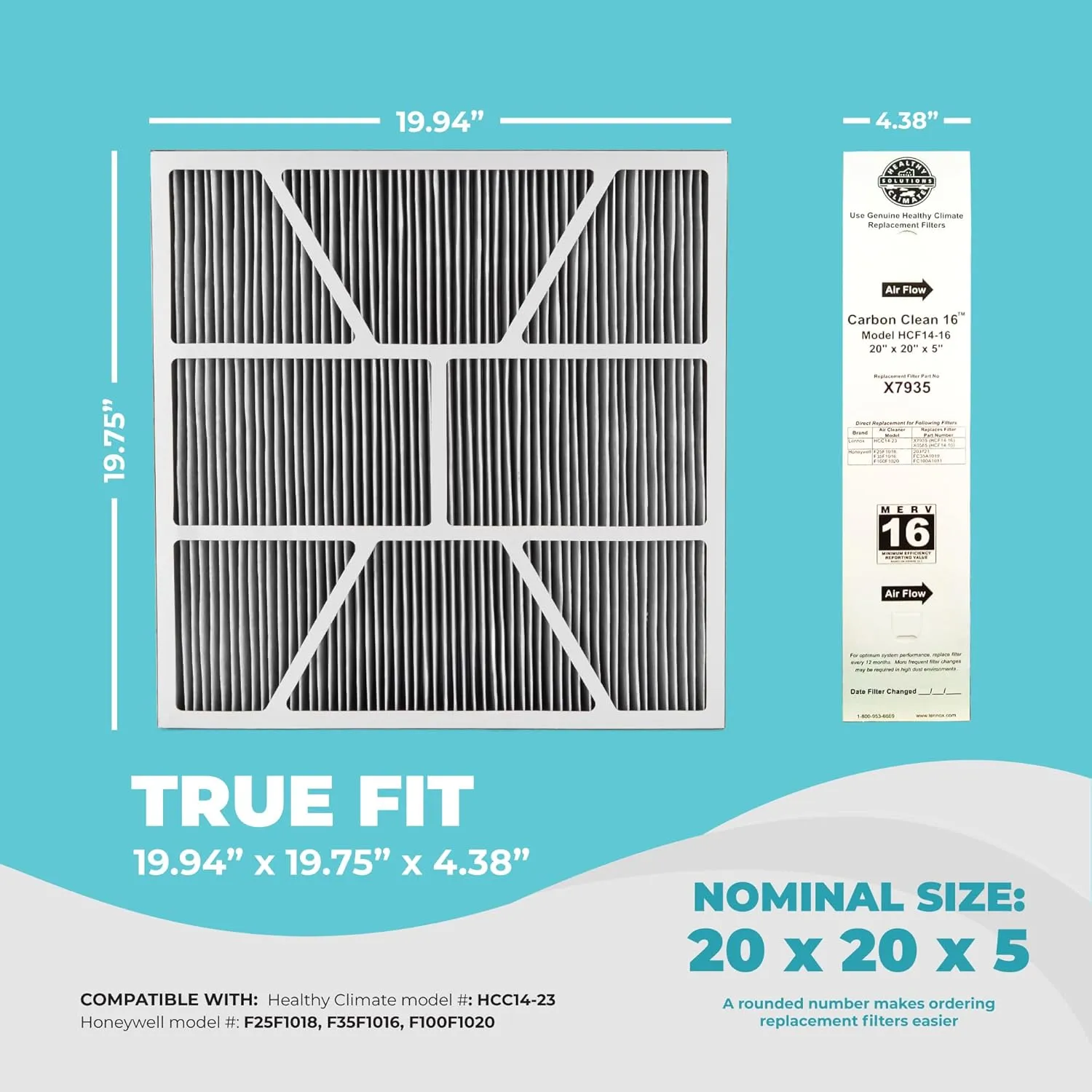 Lennox X7935 20x20x5 Furnace Filter, Healthy Climate Carbon Clean Merv 16 Home HVAC Air Filter, with Wholesalehome Cleaning Cloth