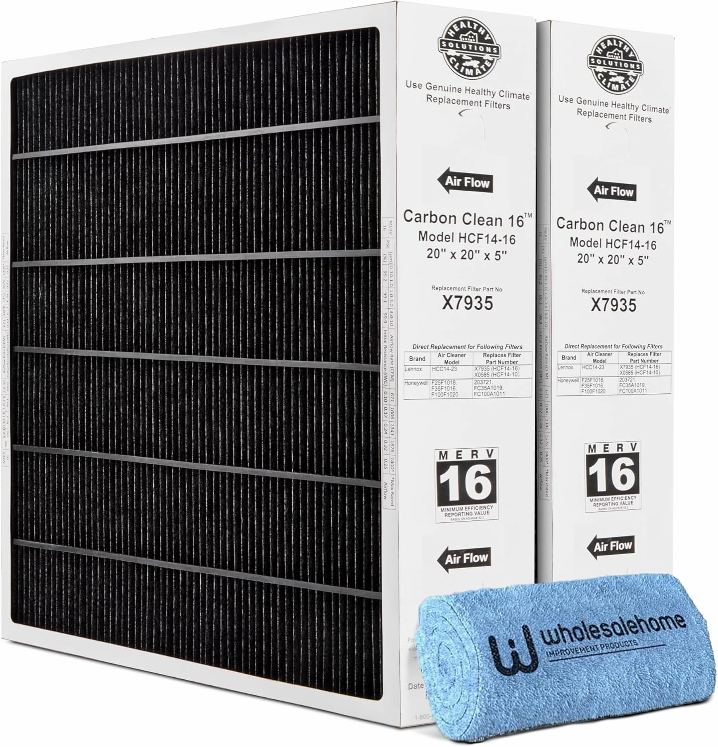 Lennox X7935 20x20x5 Furnace Filter, Healthy Climate Carbon Clean Merv 16 Home HVAC Air Filter, 2 Pack with Wholesalehome Cleaning Cloth