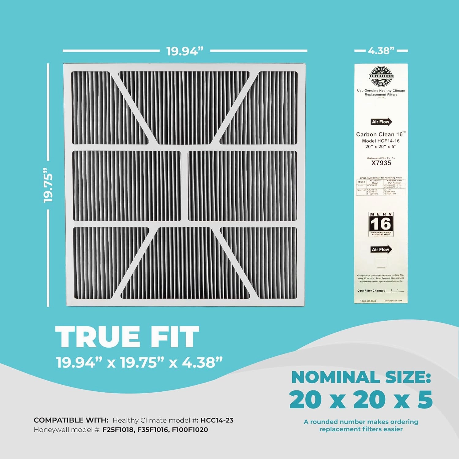 Lennox X7935 20x20x5 Furnace Filter, Healthy Climate Carbon Clean Merv 16 Home HVAC Air Filter, 2 Pack with Wholesalehome Cleaning Cloth