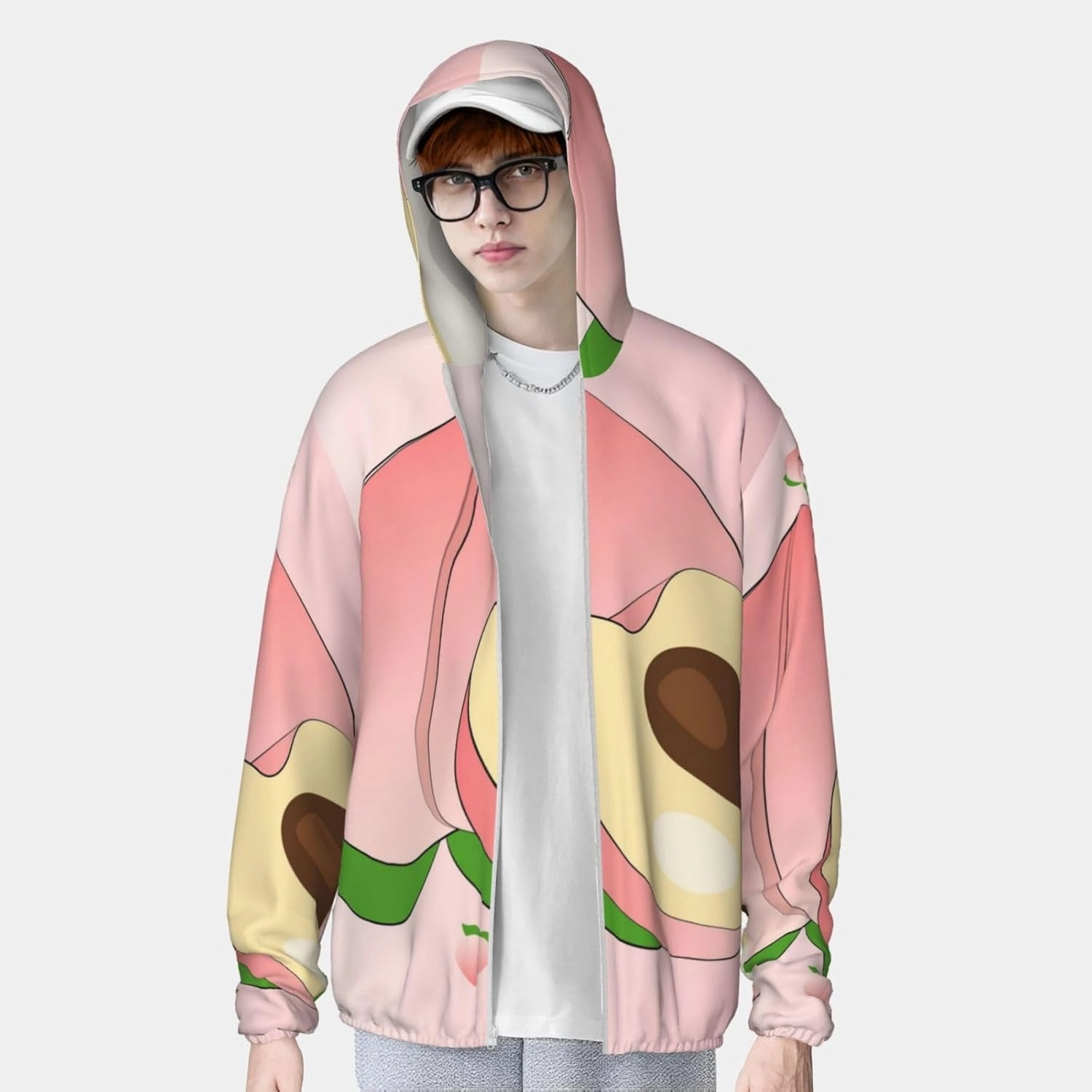 Lightweight UV Protection Sun Jacket, cartoon peach Print Sportswear Hooded Sunblock Shirt for Outdoor