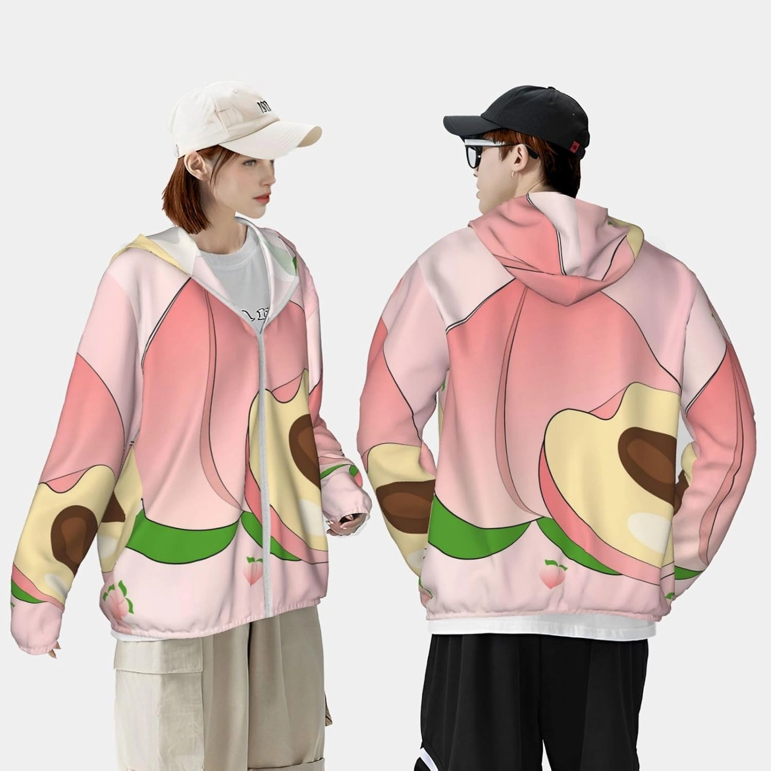 Lightweight UV Protection Sun Jacket, cartoon peach Print Sportswear Hooded Sunblock Shirt for Outdoor
