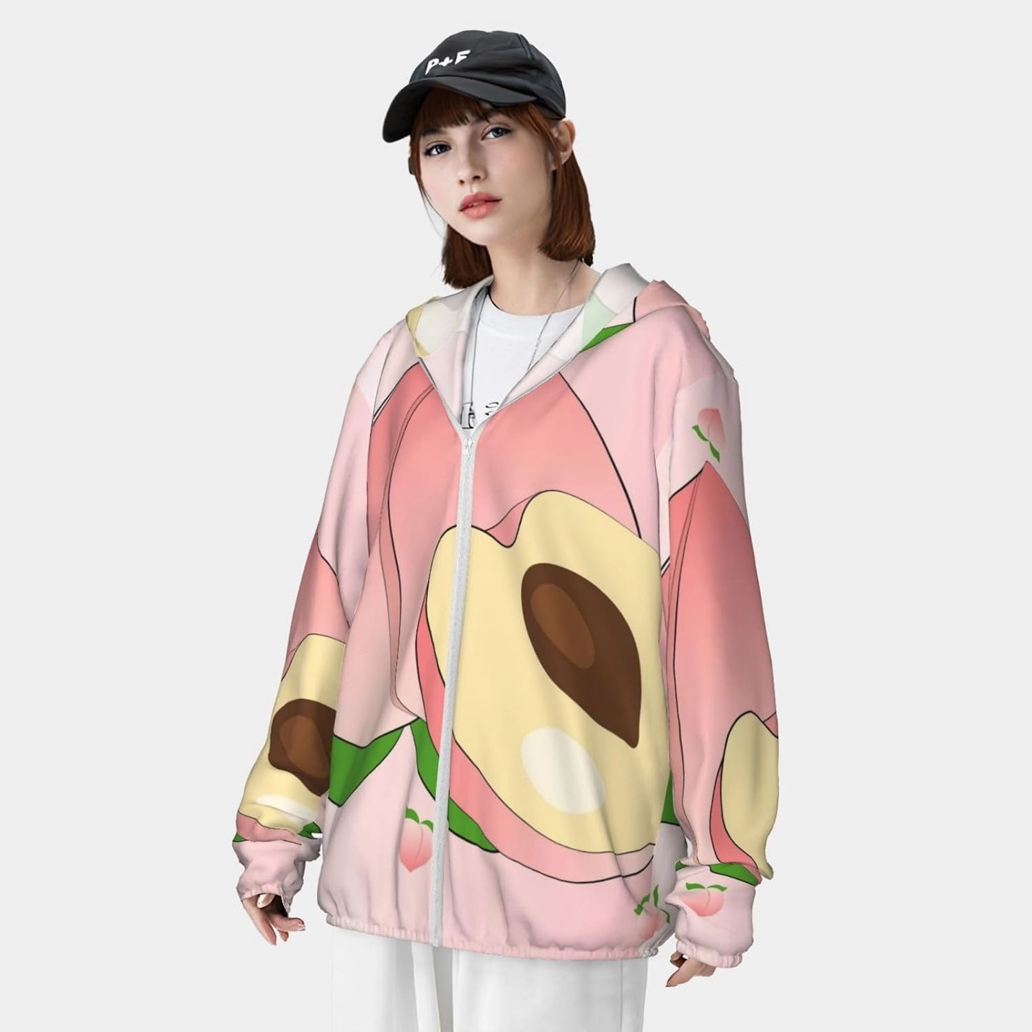 Lightweight UV Protection Sun Jacket, cartoon peach Print Sportswear Hooded Sunblock Shirt for Outdoor