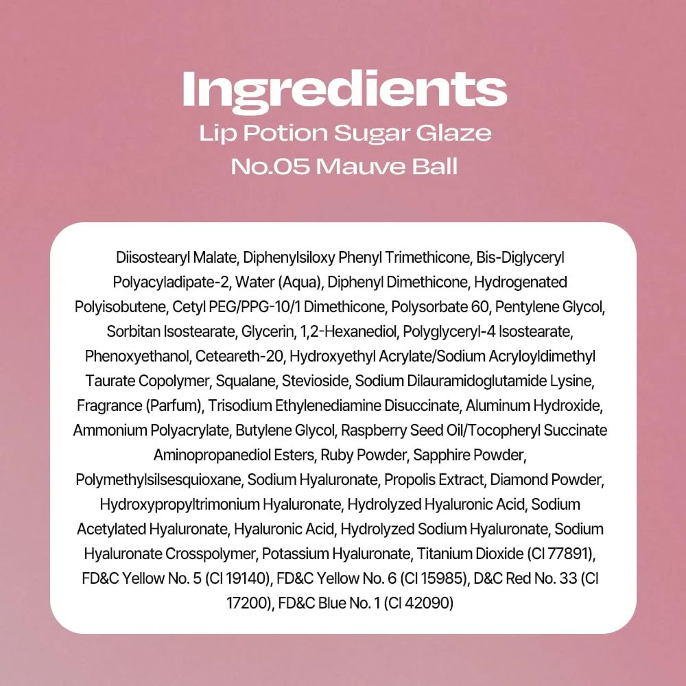 Lip Potion Sugar Glaze Tint | K-Beauty High-Shine & Long-Lasting Lip Tint | Hydrating, Non-Sticky Glossy Finish | 7 Shades | 0.3 Oz (No.5 Mauve Ball)