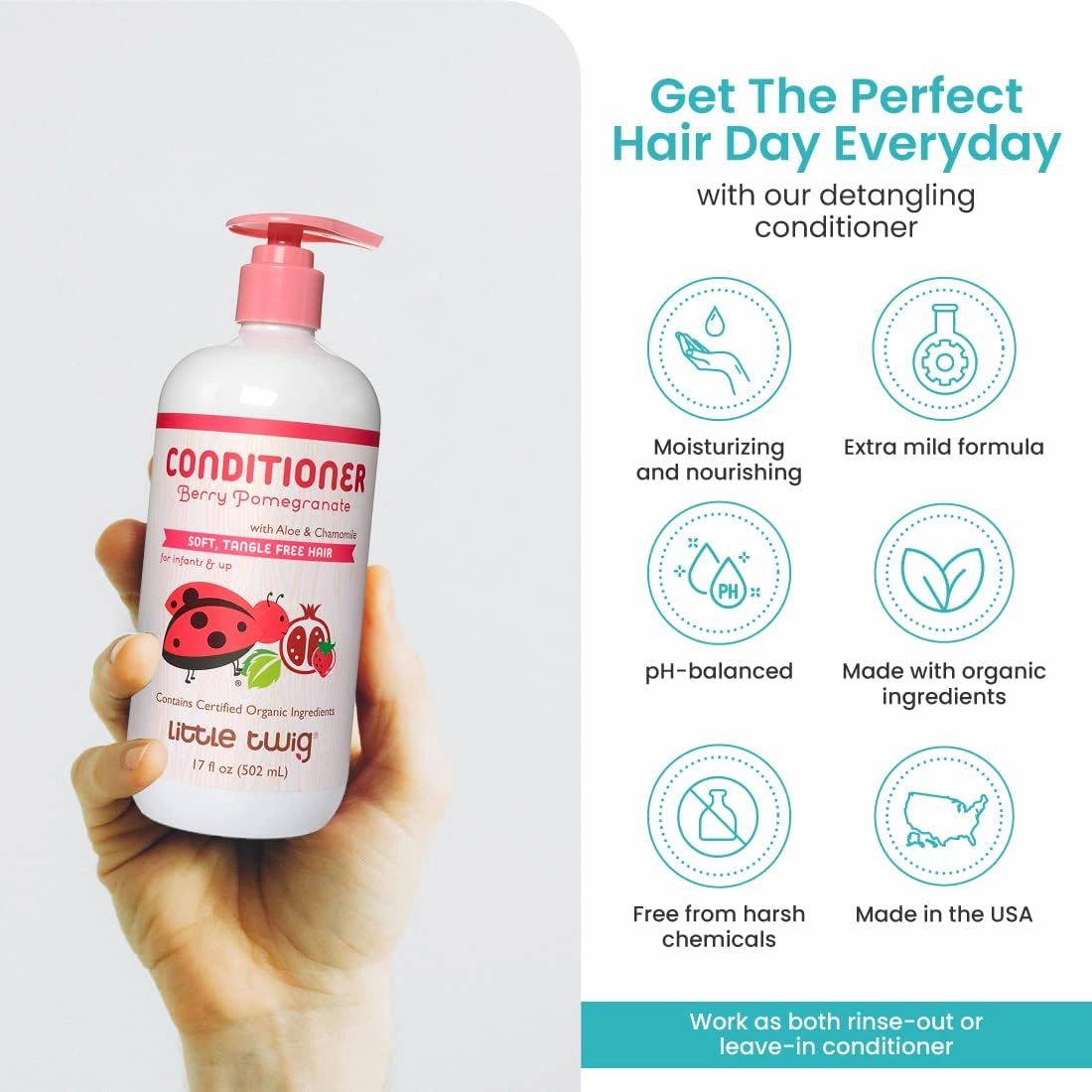 Little Twig Detangling Conditioner, Natural Conditioner with Plant Derived Formula, Hair Conditioner with Essential Oils and Extracts, Suitable for Whole Family, Berry Pomegranate, 17 fl oz.