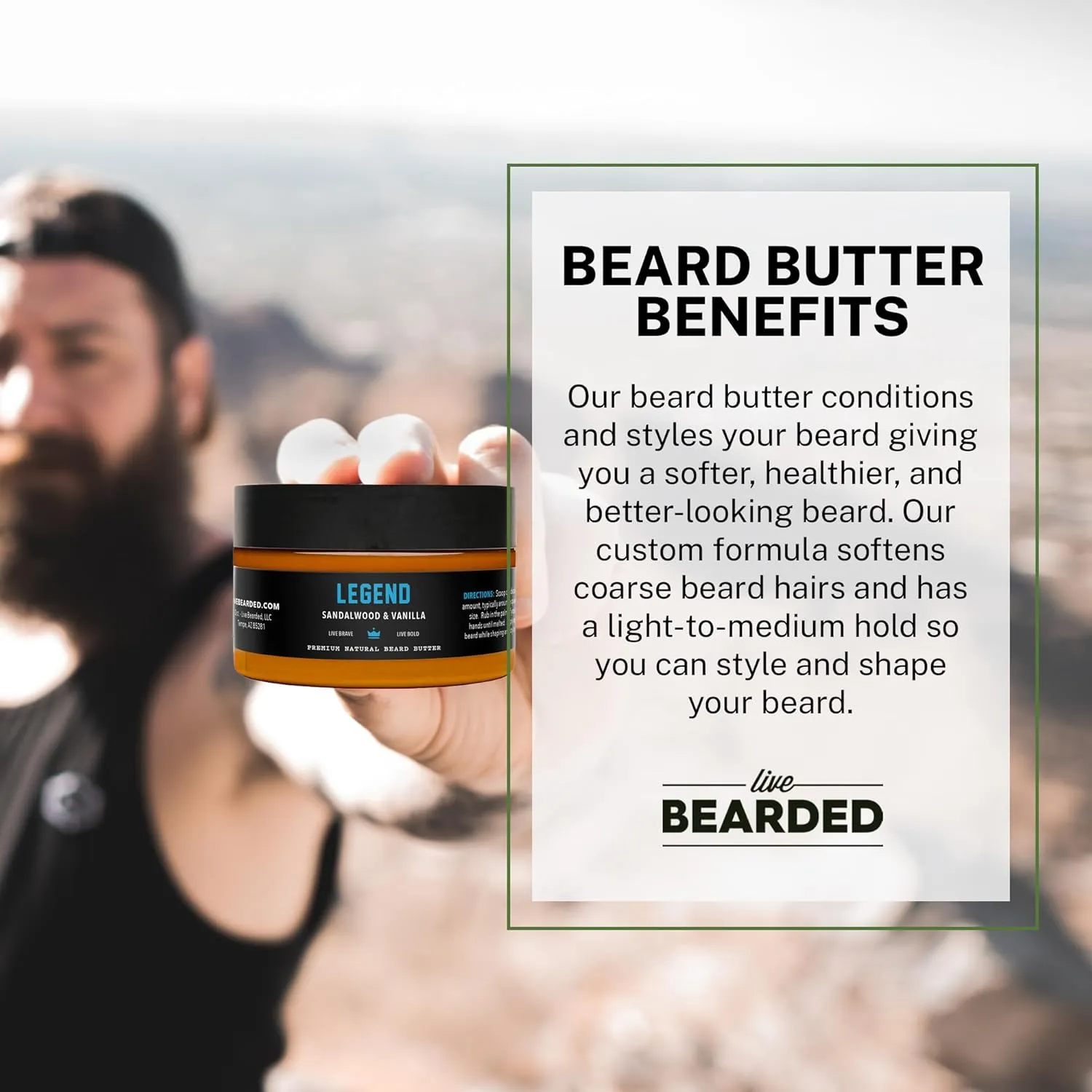 Live Bearded Beard Butter, 3 fl oz - Made in the USA - All-Natural Leave-in Conditioner and Softener with Shea | Legend Scent - Sandalwood, Vanilla