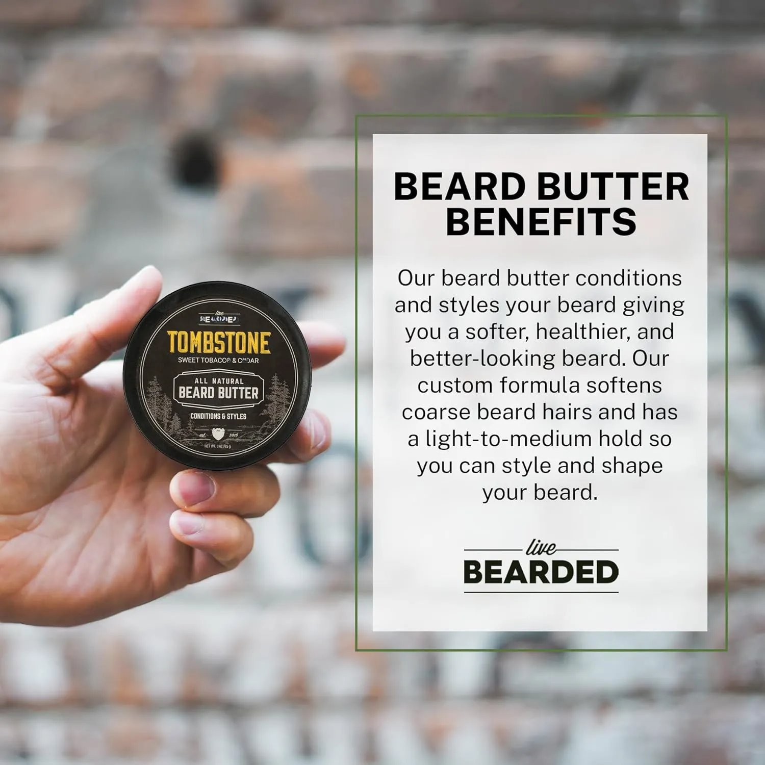 Live Bearded Beard Butter, 3 fl oz - Made in the USA - All-Natural Leave-in Conditioner and Softener with Shea | Tombstone Scent - Sweet Tobacco, Cedar