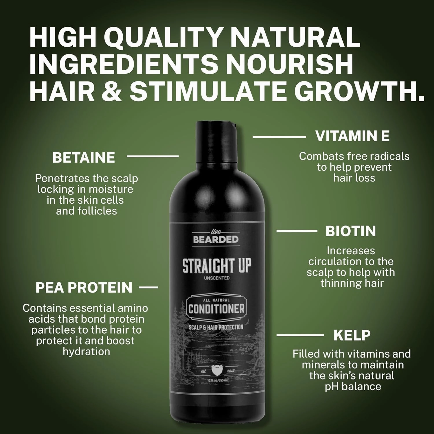 Live Bearded All-Natural Conditioner for Men - Promotes Hair Growth - Thinning and Hairloss - Deep Conditioning, Moisturizing | Straight Up - Fragrance-Free Unscented