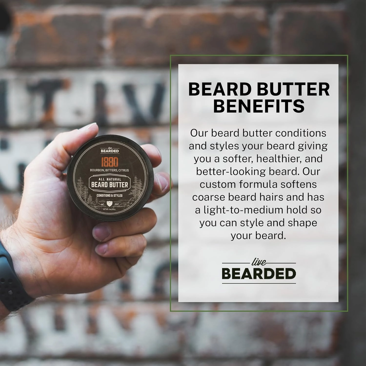 Live Bearded Beard Butter, 3 fl oz - Made in the USA - All-Natural Leave-in Conditioner and Softener with Shea | 1880 Scent - Bourbon, Bitters, Citrus
