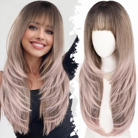 Long Beige Brown Wig with Bangs - Dark Root to Mauve Pink Ombre,4x4 Realistic Scalp,Free Parting,Layered Hairstyle Synthetic Heat Resistant for Daily Party Use 26 inch