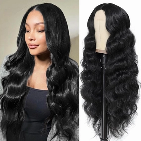 Long Black Wavy Wig For Women Body Wave Wavy Lace Wig Middle Part Natural Looking Synthetic Heat Resistant Fiber Wig for Daily Party Use(Black Wig,26 inch)