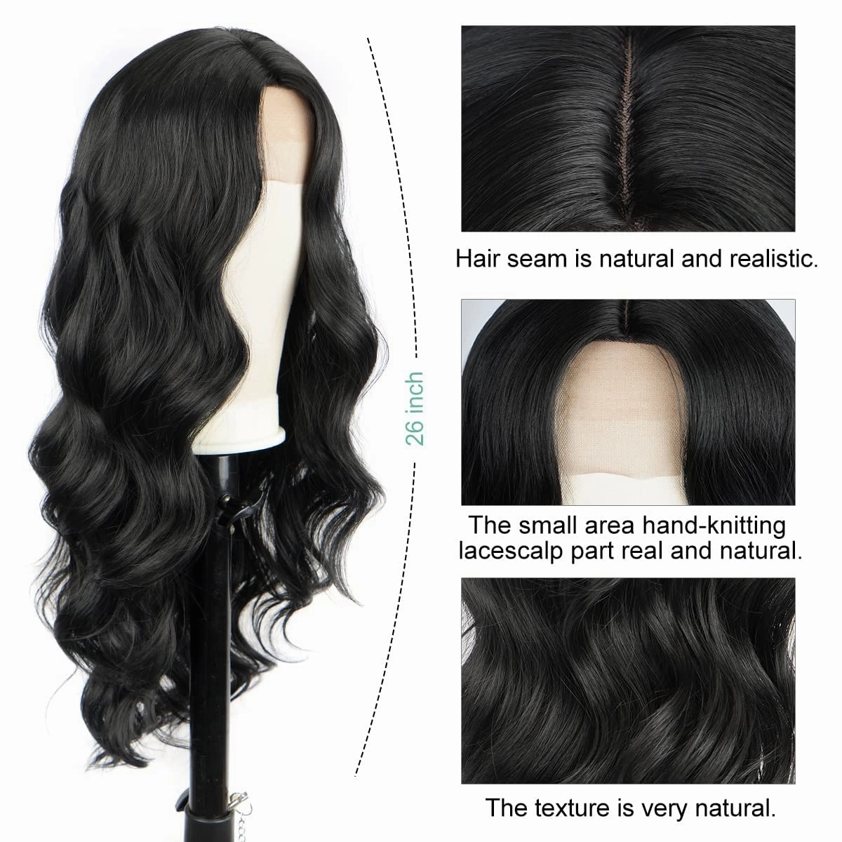 Long Black Wig for Women Wavy Wig Body Wave Lace Front Wig 26 Inch Middle Part Black Wigs Natural Looking Synthetic Heat Resistant Fiber Wigs for Daily Party Use