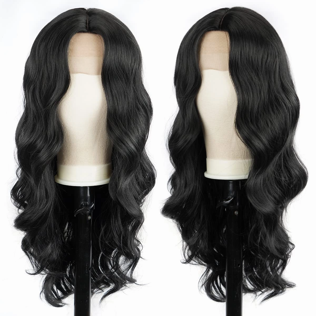 Long Black Wig for Women Wavy Wig Body Wave Lace Front Wig 26 Inch Middle Part Black Wigs Natural Looking Synthetic Heat Resistant Fiber Wigs for Daily Party Use
