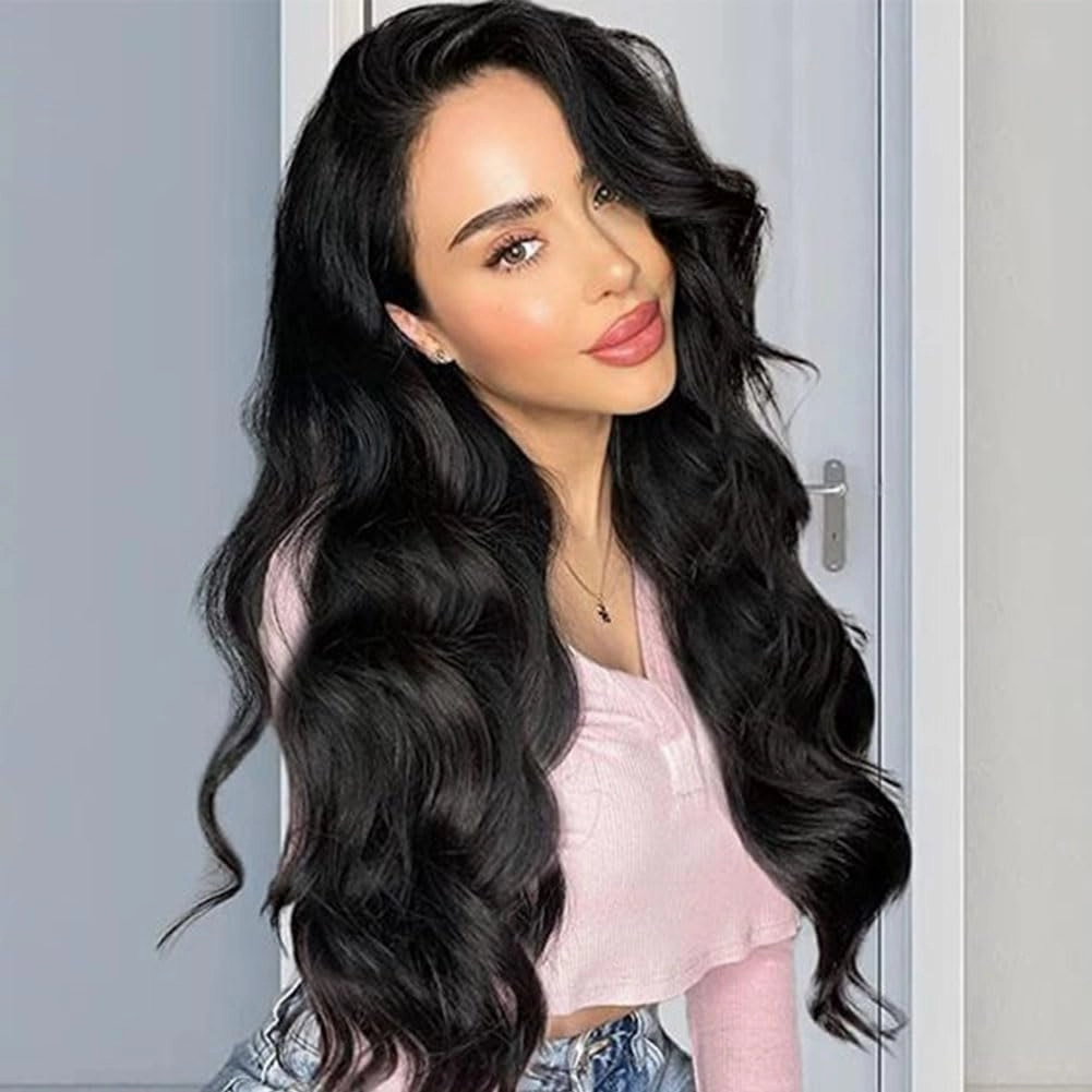 Long Black Wig for Women Wavy Wig Body Wave Lace Front Wig 26 Inch Middle Part Black Wigs Natural Looking Synthetic Heat Resistant Fiber Wigs for Daily Party Use