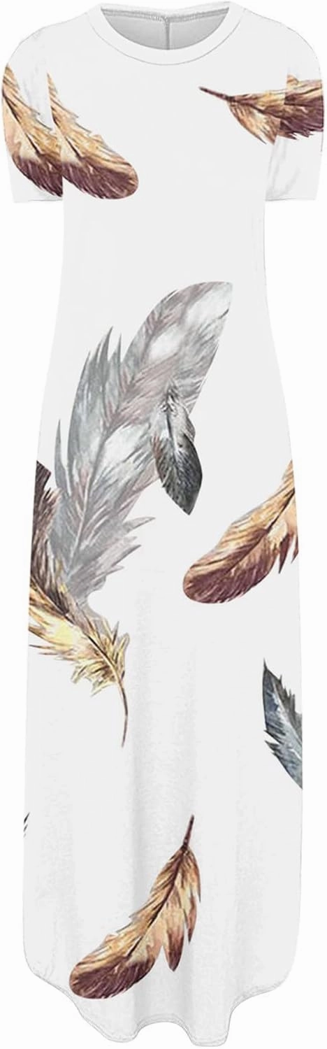 Long Dresses for Women Casual Crew Neck Short Sleeve Midi Sundresses Ladies Fashion Summer Dress with Pockets