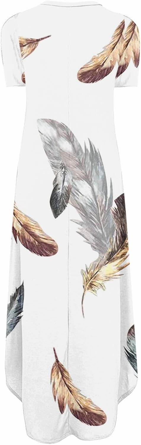 Long Dresses for Women Casual Crew Neck Short Sleeve Midi Sundresses Ladies Fashion Summer Dress with Pockets