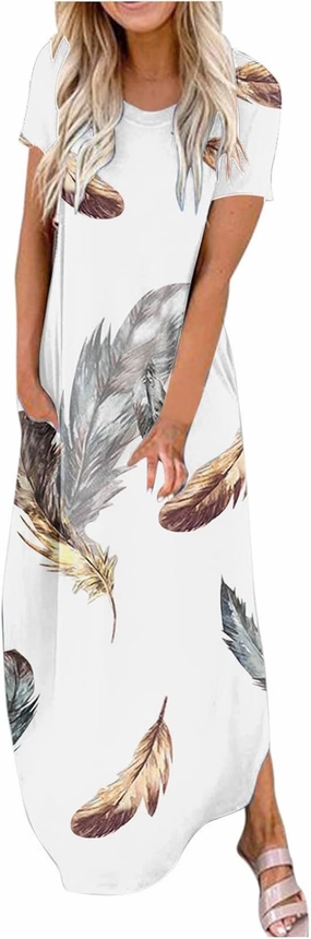 Long Dresses for Women Casual Crew Neck Short Sleeve Midi Sundresses Ladies Fashion Summer Dress with Pockets