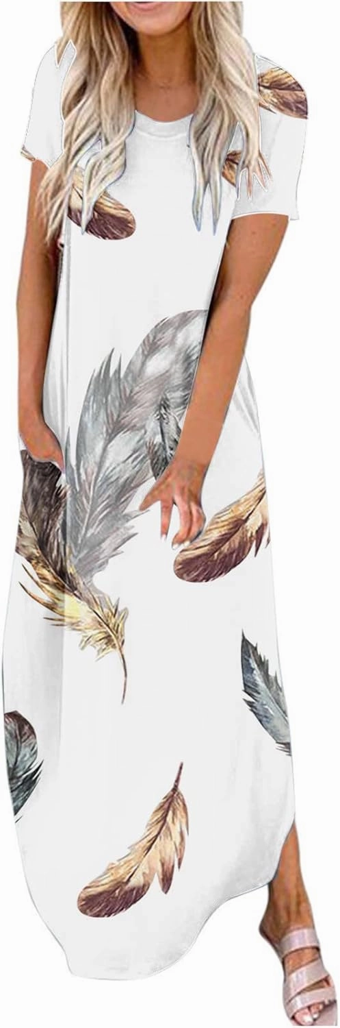 Long Dresses for Women Casual Crew Neck Short Sleeve Midi Sundresses Ladies Fashion Summer Dress with Pockets