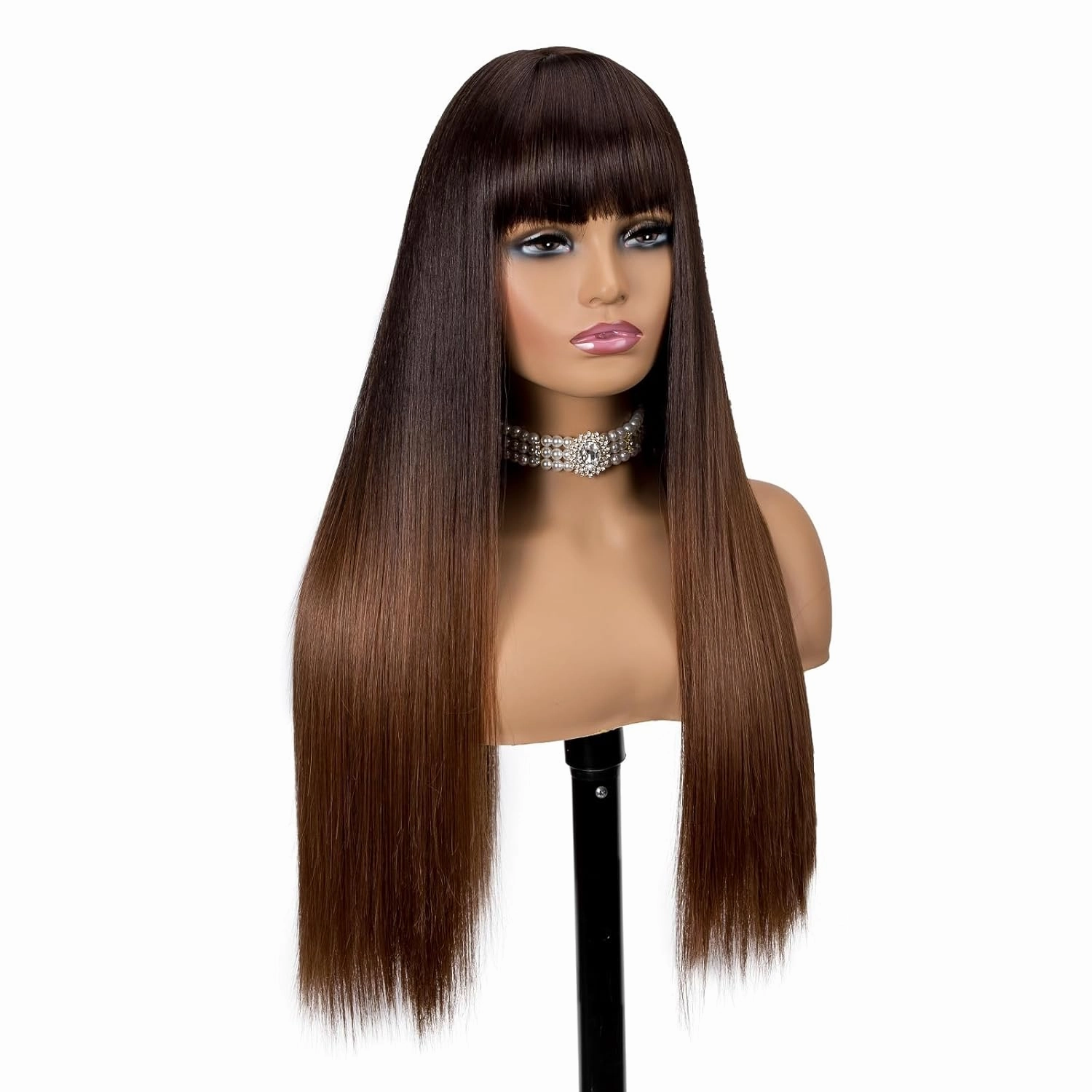 Long Hair Straight Wigs with Bangs Dark Roots Omber Brown Synthetic Wigs for Women Natural Fashion Silky Soft Remy Hair Heat Resistant Fiber Machine Made Glueless Full Wigs (Omber Brown, 24 Inch)