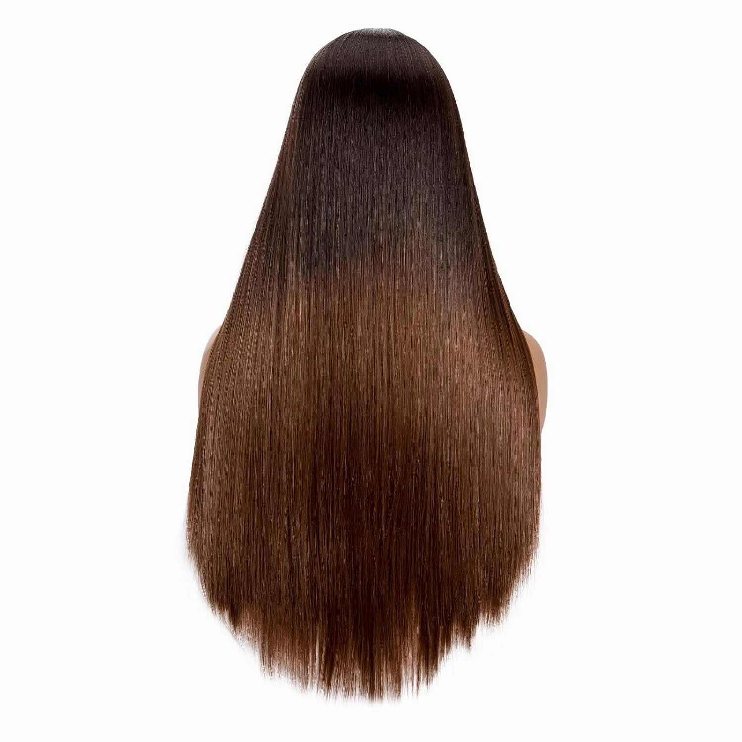 Long Hair Straight Wigs with Bangs Dark Roots Omber Brown Synthetic Wigs for Women Natural Fashion Silky Soft Remy Hair Heat Resistant Fiber Machine Made Glueless Full Wigs (Omber Brown, 24 Inch)