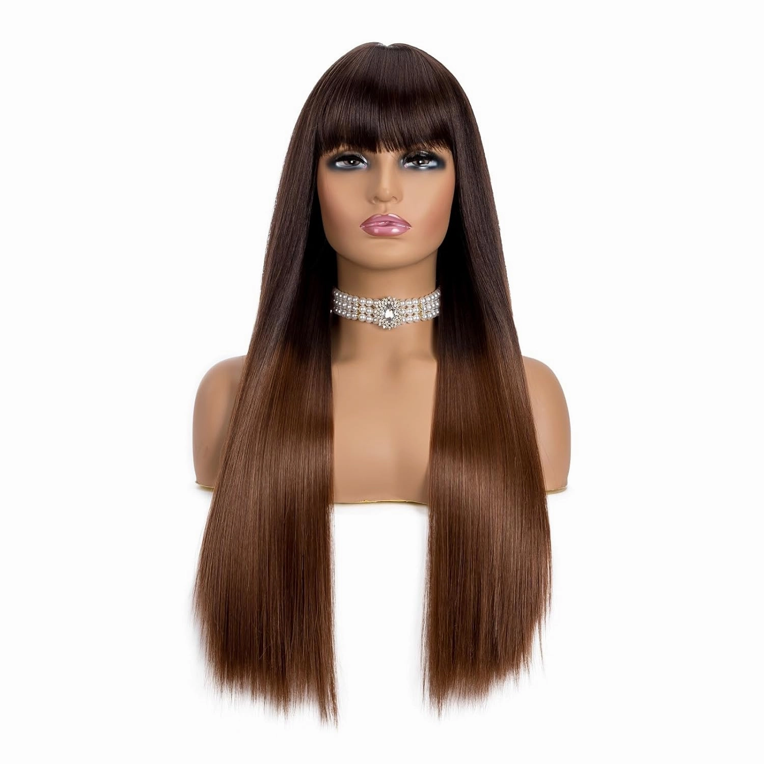 Long Hair Straight Wigs with Bangs Dark Roots Omber Brown Synthetic Wigs for Women Natural Fashion Silky Soft Remy Hair Heat Resistant Fiber Machine Made Glueless Full Wigs (Omber Brown, 24 Inch)