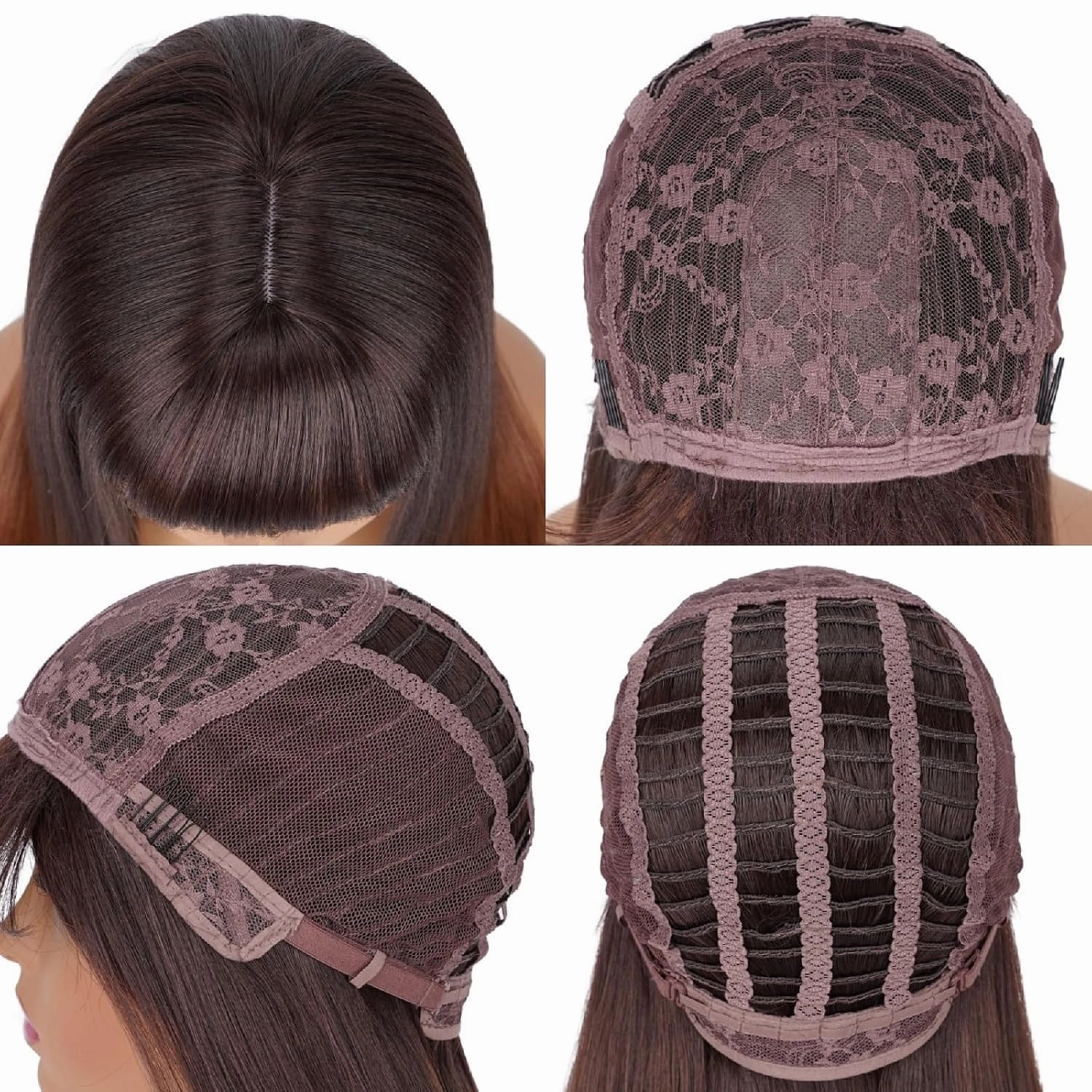 Long Hair Straight Wigs with Bangs Dark Roots Omber Brown Synthetic Wigs for Women Natural Fashion Silky Soft Remy Hair Heat Resistant Fiber Machine Made Glueless Full Wigs (Omber Brown, 24 Inch)