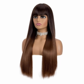 Long Hair Straight Wigs with Bangs Dark Roots Omber Brown Synthetic Wigs for Women Natural Fashion Silky Soft Remy Hair Heat Resistant Fiber Machine Made Glueless Full Wigs (Omber Brown, 24 Inch)