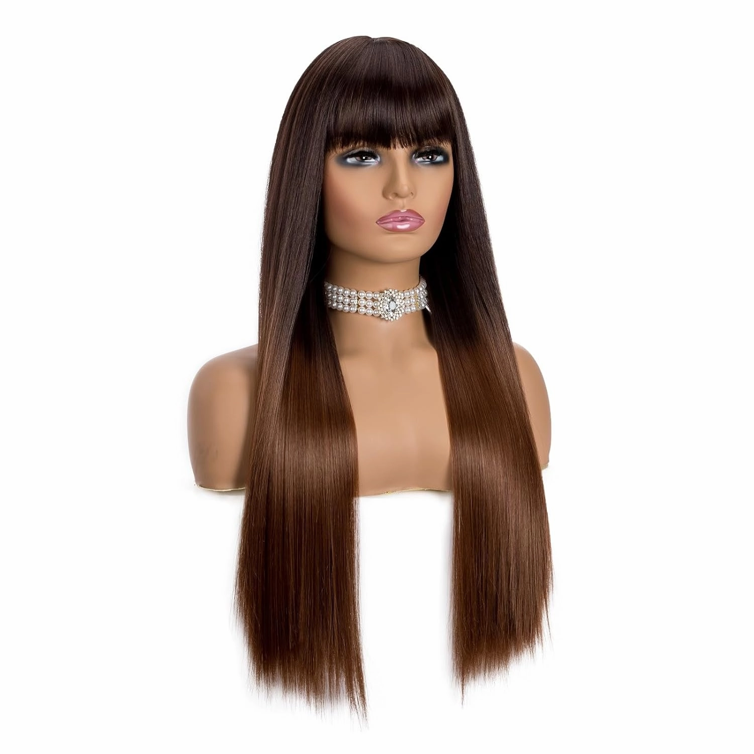 Long Hair Straight Wigs with Bangs Dark Roots Omber Brown Synthetic Wigs for Women Natural Fashion Silky Soft Remy Hair Heat Resistant Fiber Machine Made Glueless Full Wigs (Omber Brown, 24 Inch)