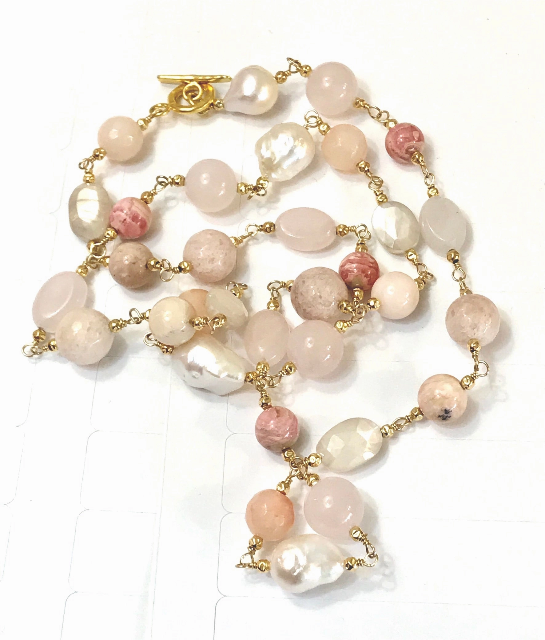 Long Multi Gemstone Blush Stone Pearl Wire Wrap Necklace 14kt Gold Fill