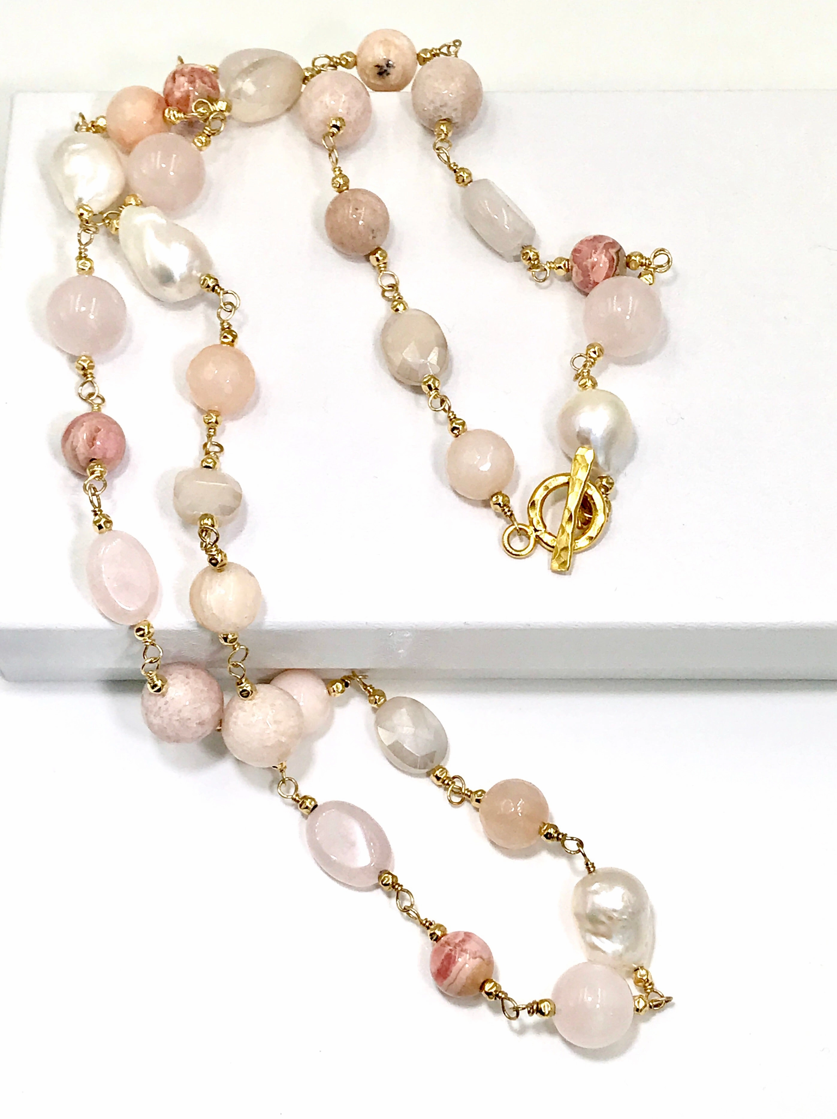 Long Multi Gemstone Blush Stone Pearl Wire Wrap Necklace 14kt Gold Fill
