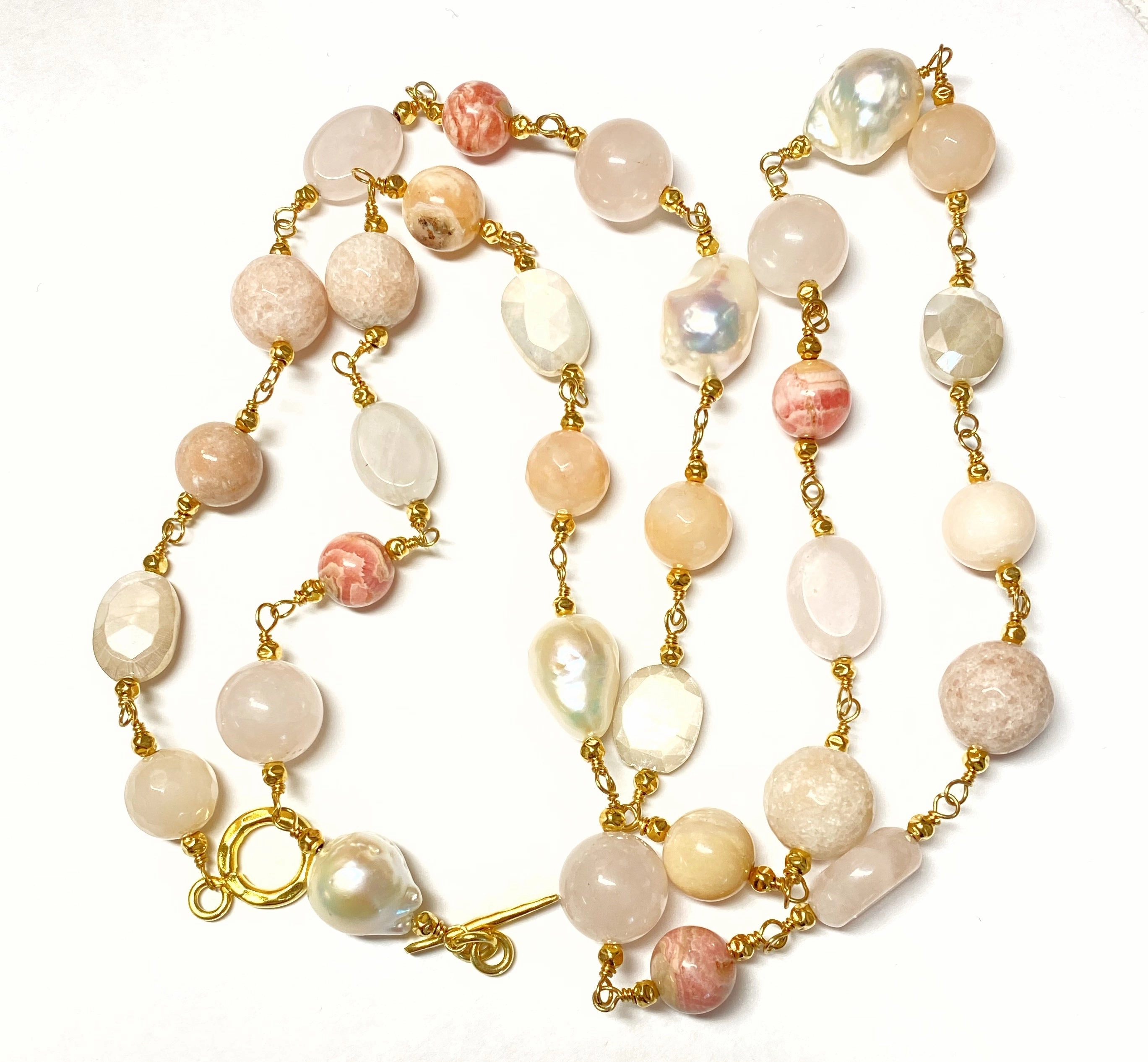Long Multi Gemstone Blush Stone Pearl Wire Wrap Necklace 14kt Gold Fill