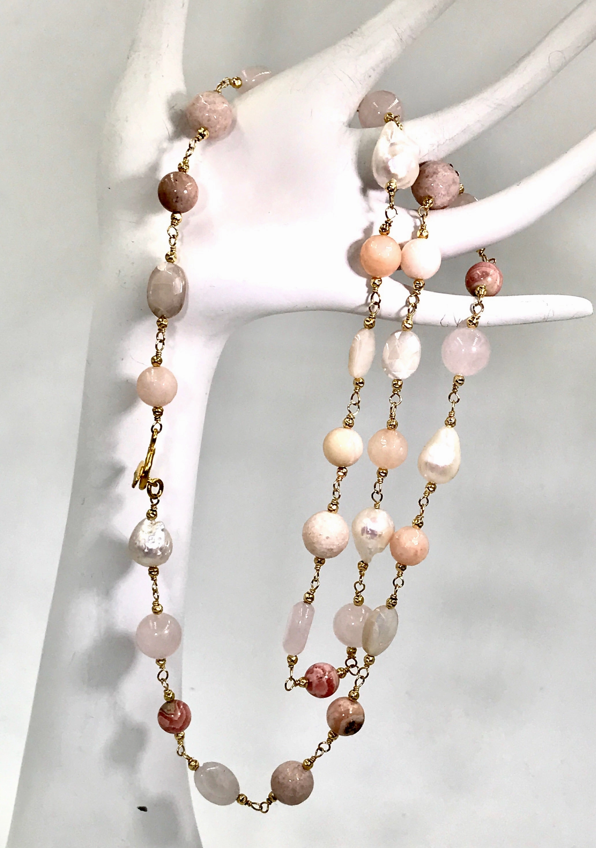 Long Multi Gemstone Blush Stone Pearl Wire Wrap Necklace 14kt Gold Fill