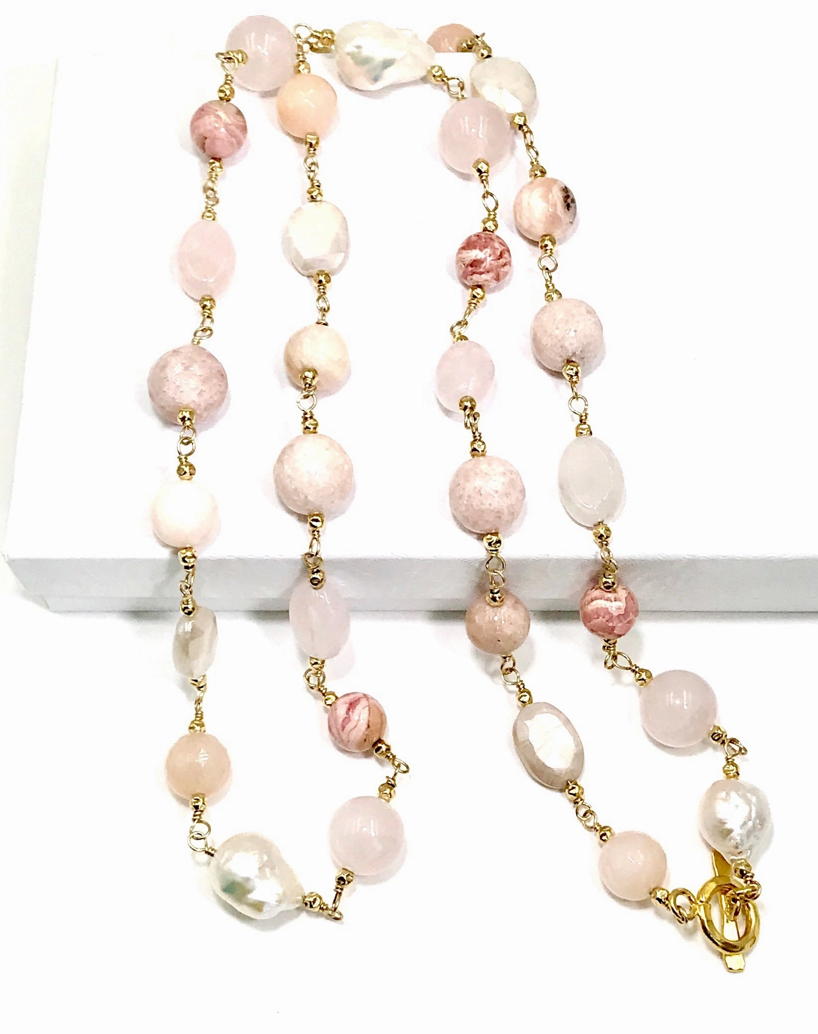 Long Multi Gemstone Blush Stone Pearl Wire Wrap Necklace 14kt Gold Fill