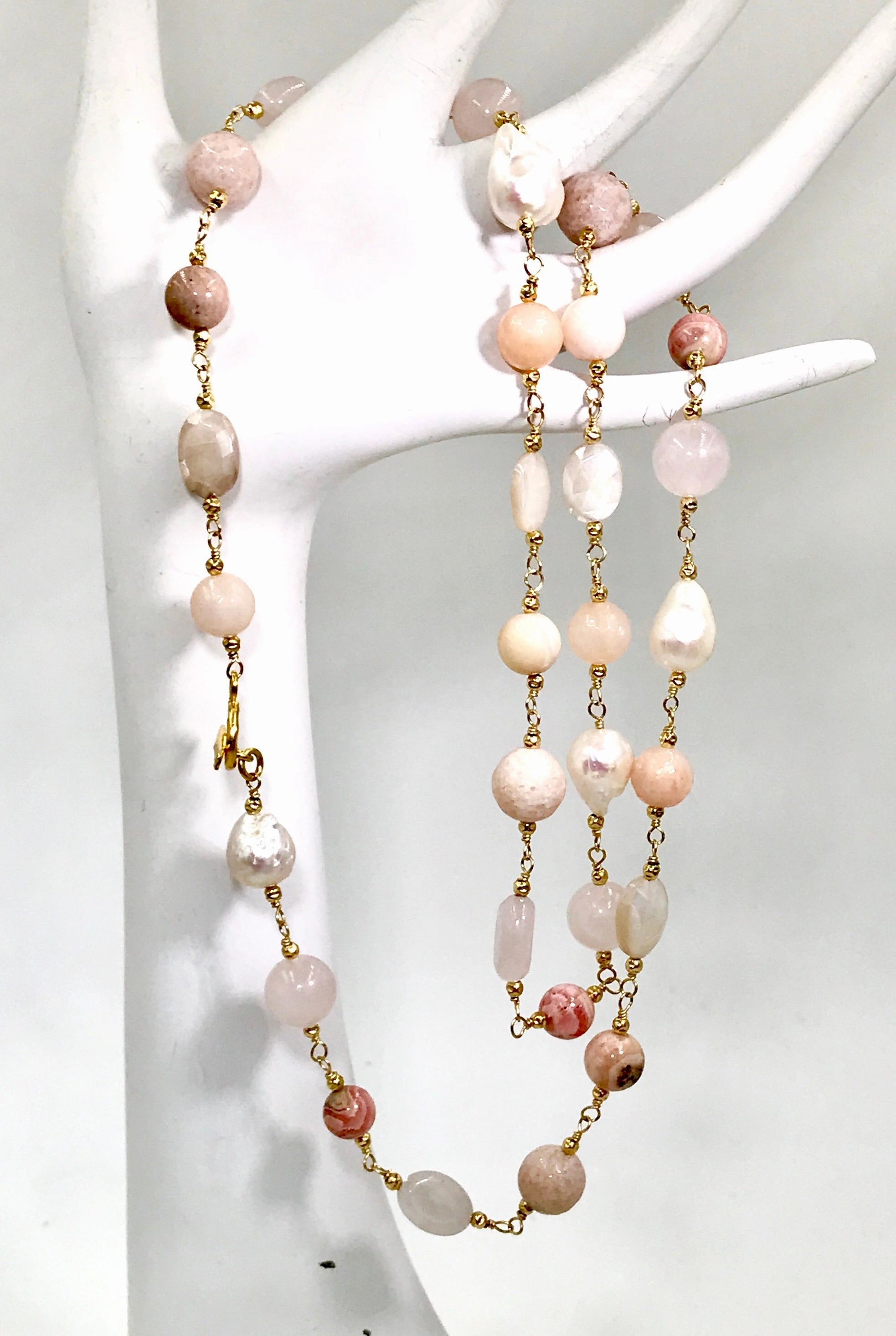 Long Multi Gemstone Blush Stone Pearl Wire Wrap Necklace 14kt Gold Fill