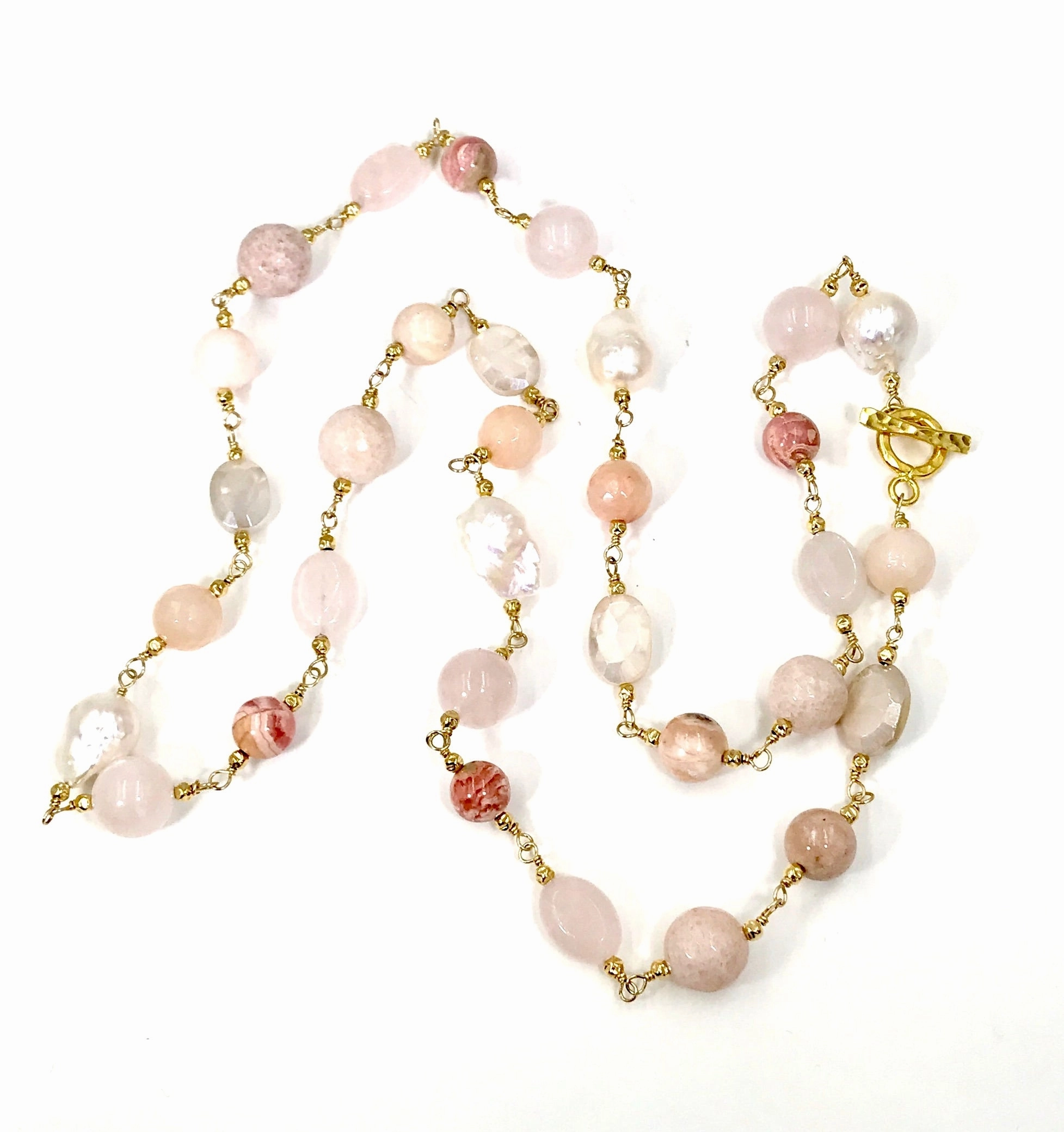 Long Multi Gemstone Blush Stone Pearl Wire Wrap Necklace 14kt Gold Fill