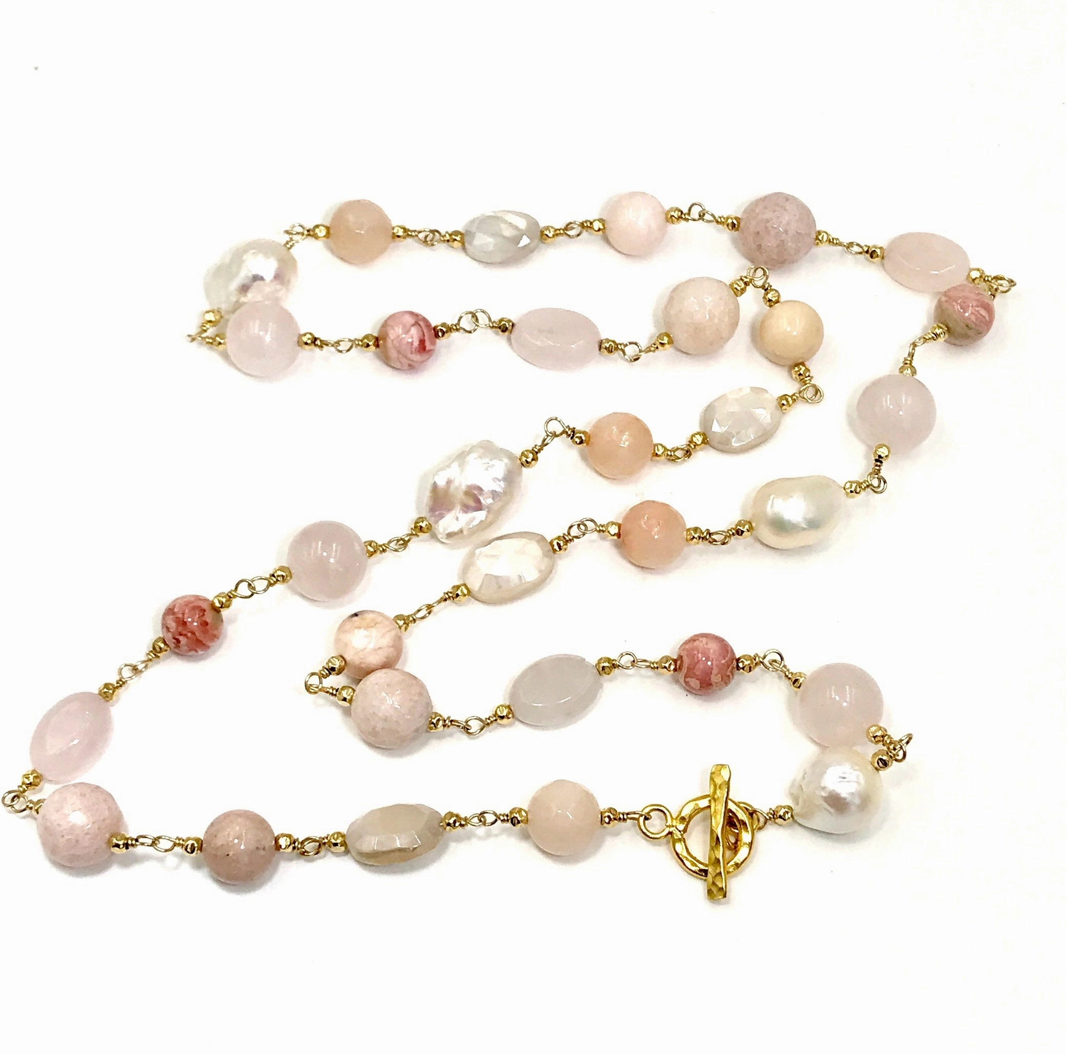 Long Multi Gemstone Blush Stone Pearl Wire Wrap Necklace 14kt Gold Fill