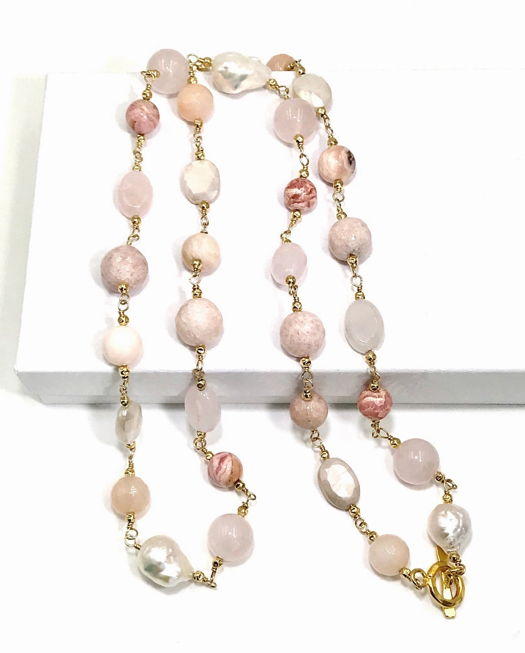 Long Multi Gemstone Blush Stone Pearl Wire Wrap Necklace 14kt Gold Fill