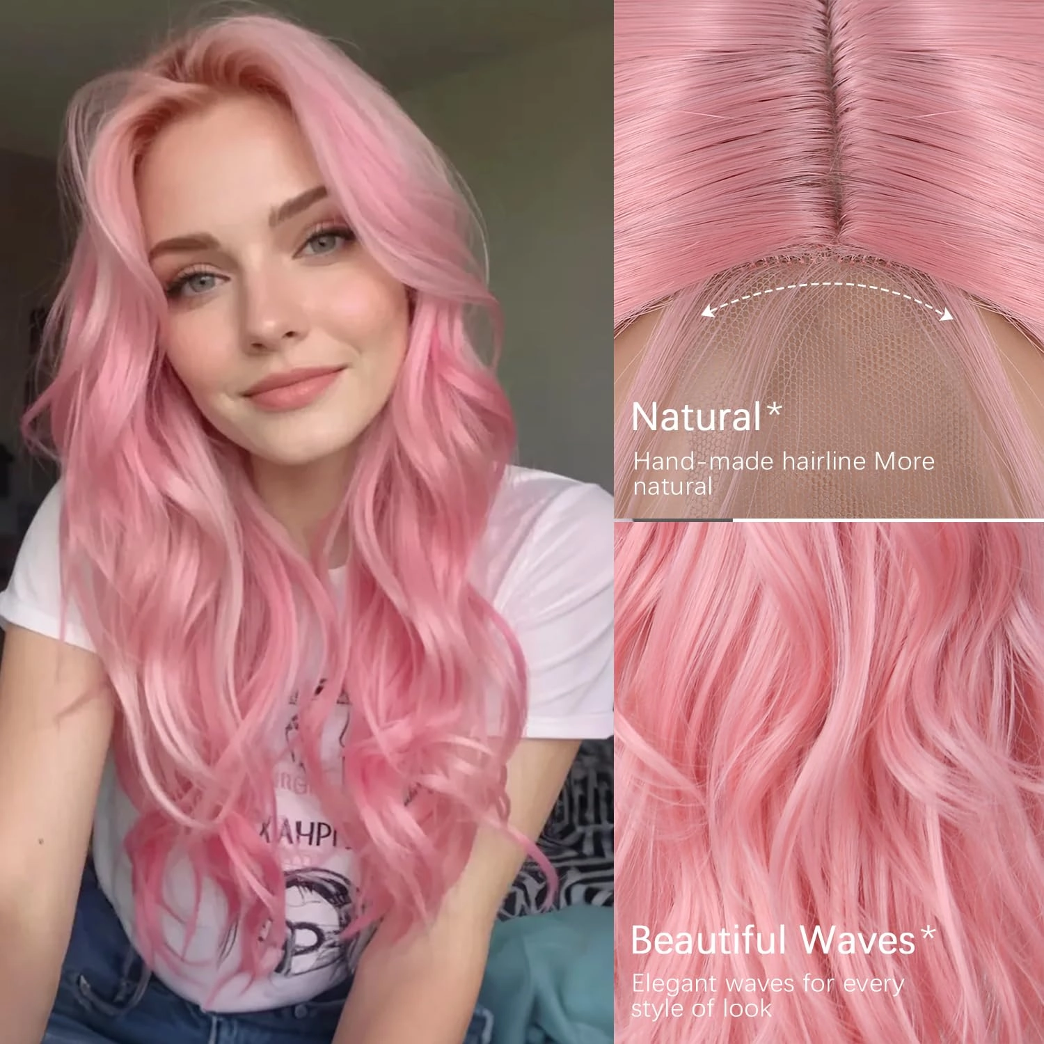 Long Pink Wavy Wig for Women 26 Inch Middle Part Curly Wavy Wig Natural Looking Synthetic Heat Resistant Fiber Wig for Daily Wear, Party, Cosplay