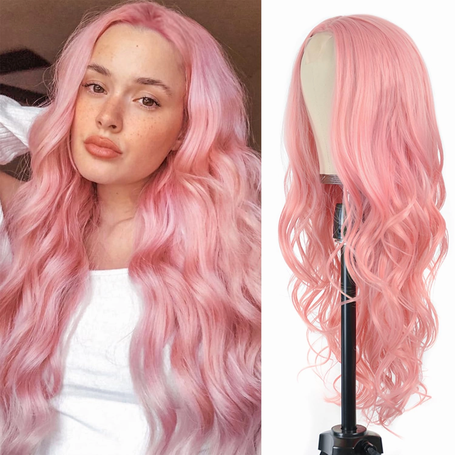 Long Pink Wavy Wig for Women 26 Inch Middle Part Curly Wavy Wig Natural Looking Synthetic Heat Resistant Fiber Wig for Daily Wear, Party, Cosplay