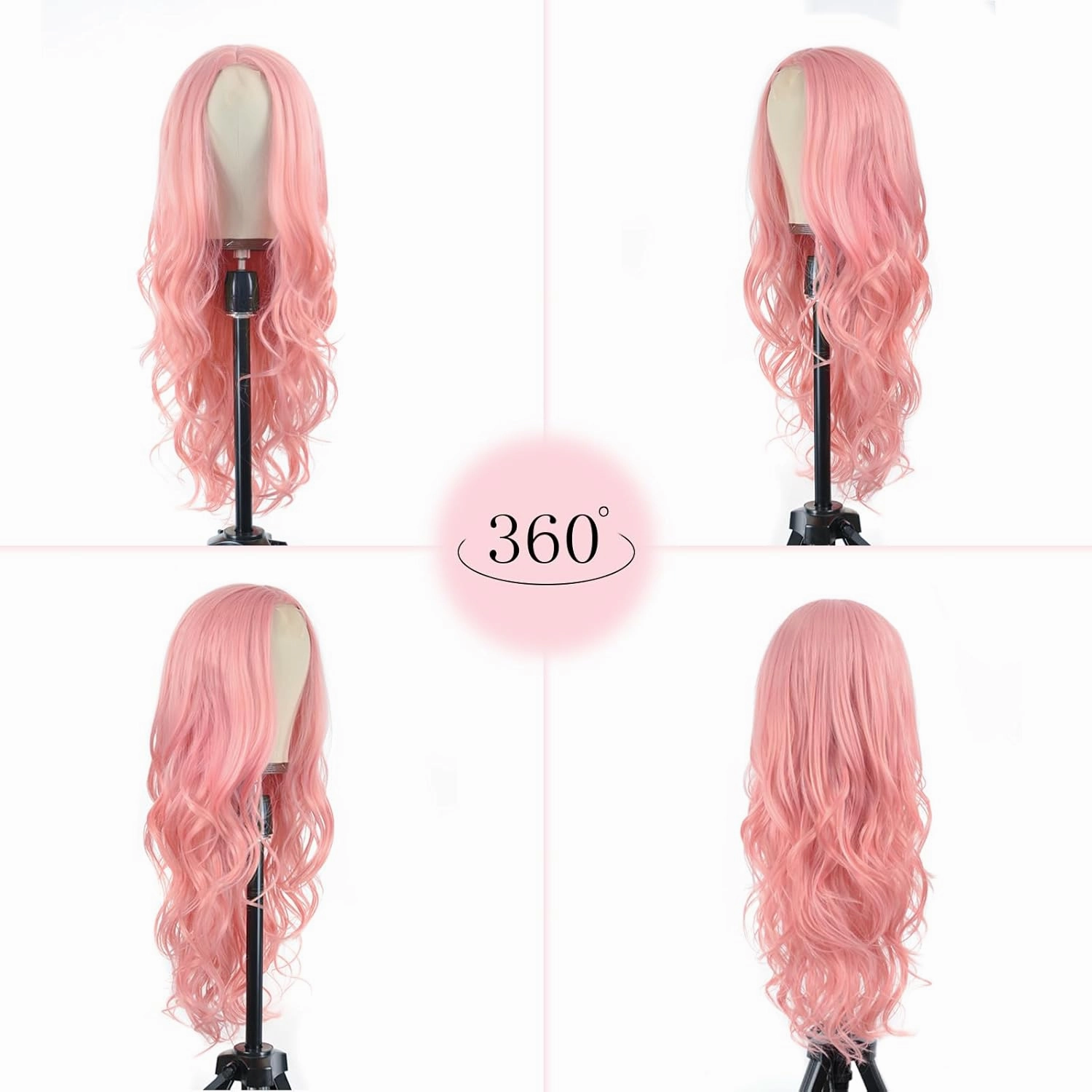 Long Pink Wavy Wig for Women 26 Inch Middle Part Curly Wavy Wig Natural Looking Synthetic Heat Resistant Fiber Wig for Daily Wear, Party, Cosplay