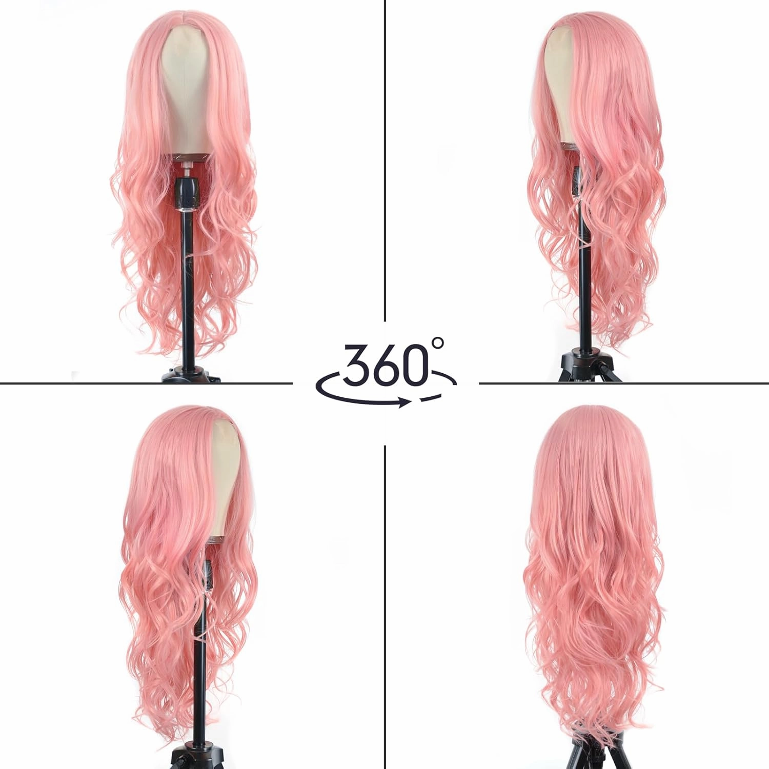 Long Pink Wavy Wig for Women -26inch Middle Part Long Pink Curly Wavy Wigs Heat Resistant Synthetic Hair Looking Natural, Fiber wig for Daily Party Use