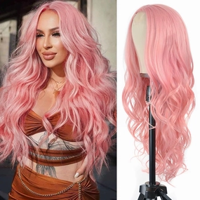 Long Pink Wavy Wig for Women -26inch Middle Part Long Pink Curly Wavy Wigs Heat Resistant Synthetic Hair Looking Natural, Fiber wig for Daily Party Use