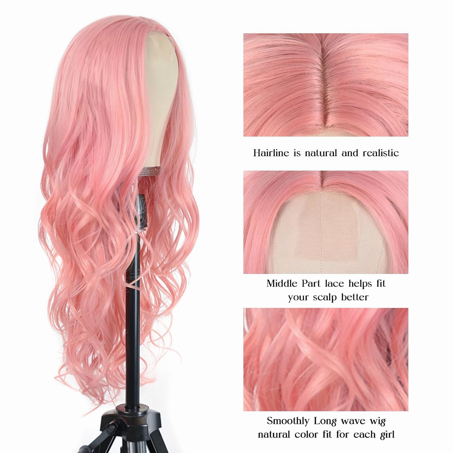 Long Pink Wavy Wig for Women -26inch Middle Part Long Pink Curly Wavy Wigs Heat Resistant Synthetic Hair Looking Natural, Fiber wig for Daily Party Use