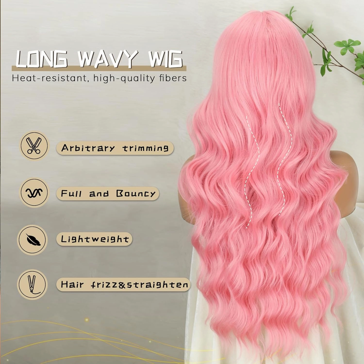 Long Pink Wig with Bangs Light Pink Wigs for Women,Wavy Wig Heat Resistant Synthetic Fiber Wigs for Halloween Cosplay, Daily Party