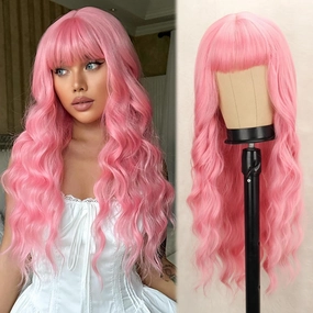 Long Pink Wig with Bangs Light Pink Wigs for Women,Wavy Wig Heat Resistant Synthetic Fiber Wigs for Halloween Cosplay, Daily Party