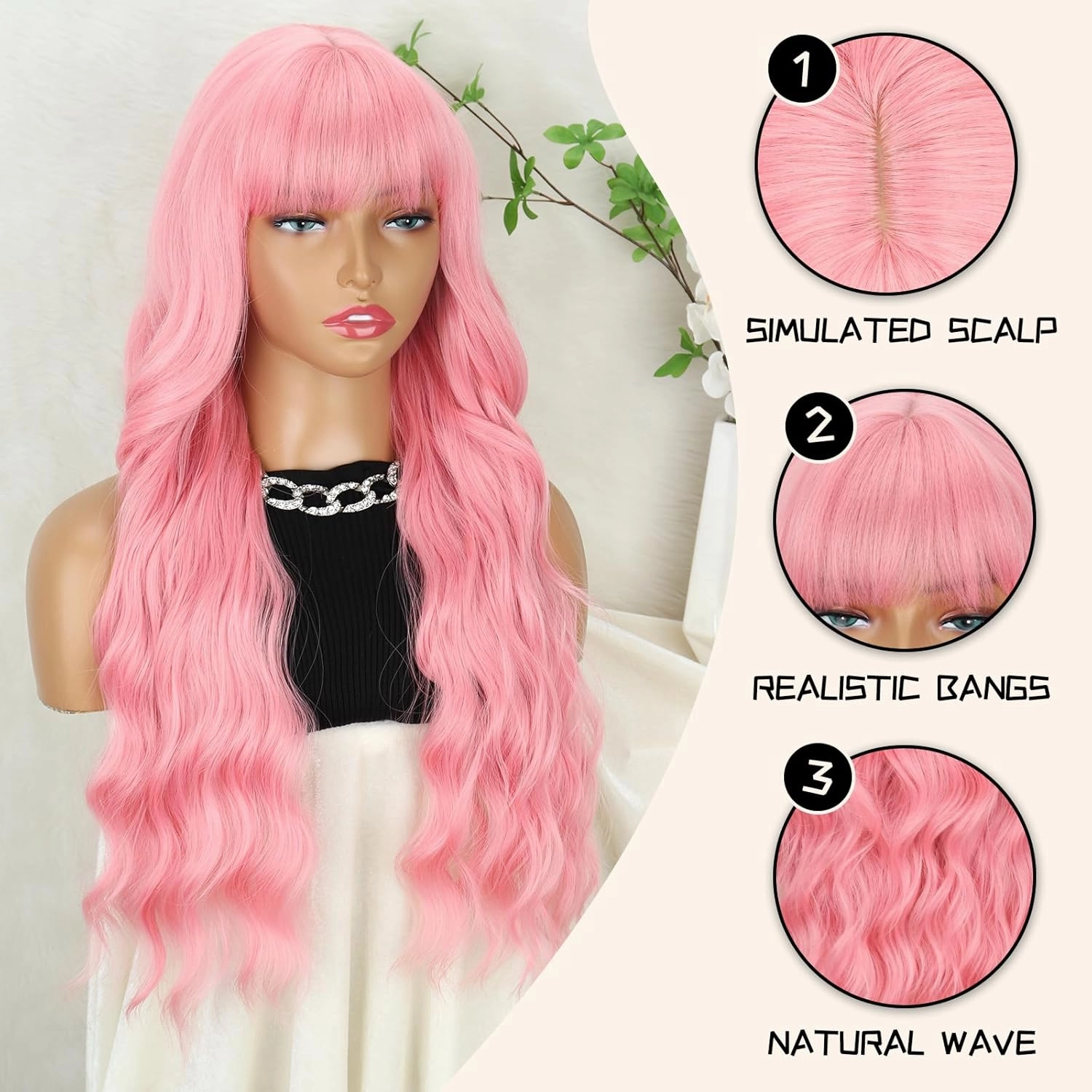 Long Pink Wig with Bangs Light Pink Wigs for Women,Wavy Wig Heat Resistant Synthetic Fiber Wigs for Halloween Cosplay, Daily Party